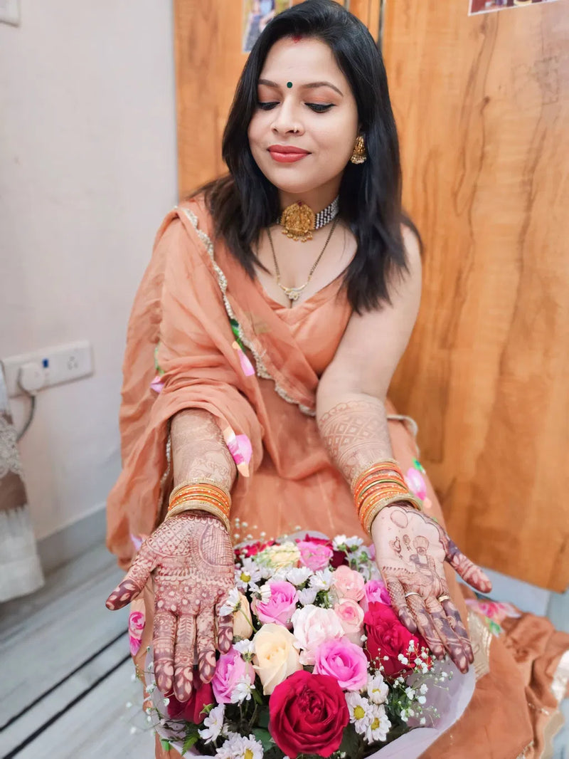 Hand-Painted Floral Satin Lehenga Set