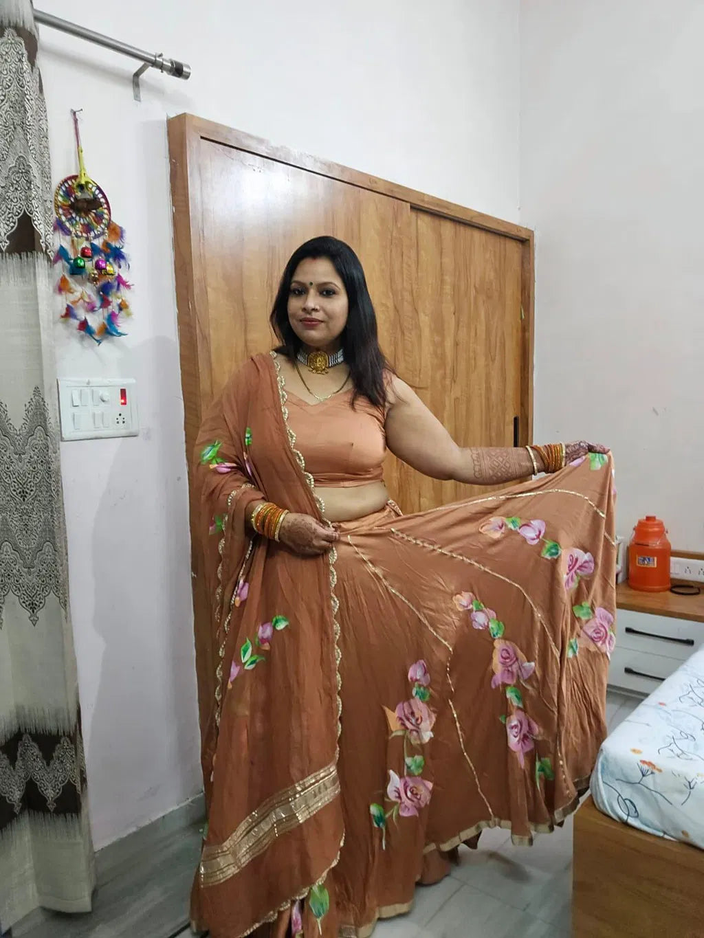 Hand-Painted Floral Satin Lehenga Set