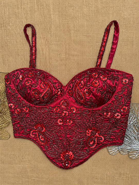 Ruby Red Floral Handwork Sequin Designer Corset Blouse