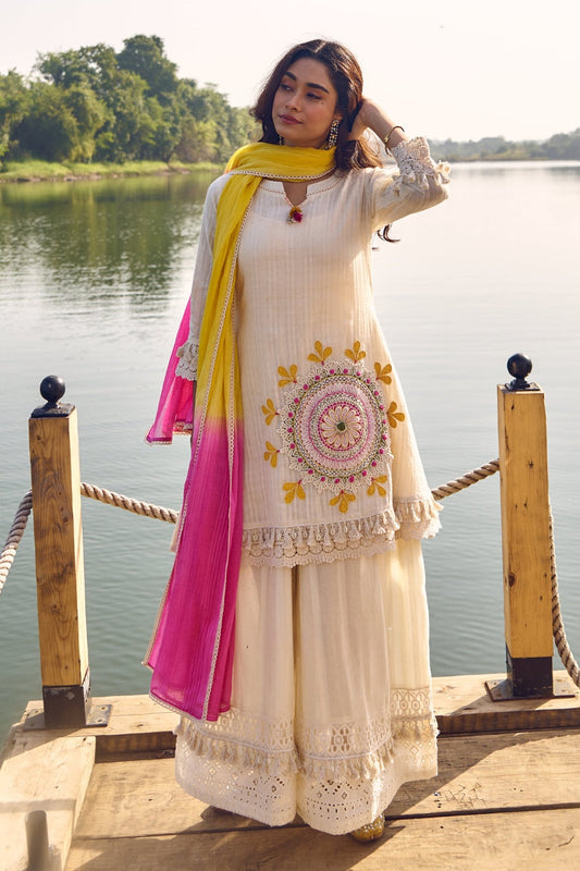 Off-White Phoolkari Motif-Sharara Set 856