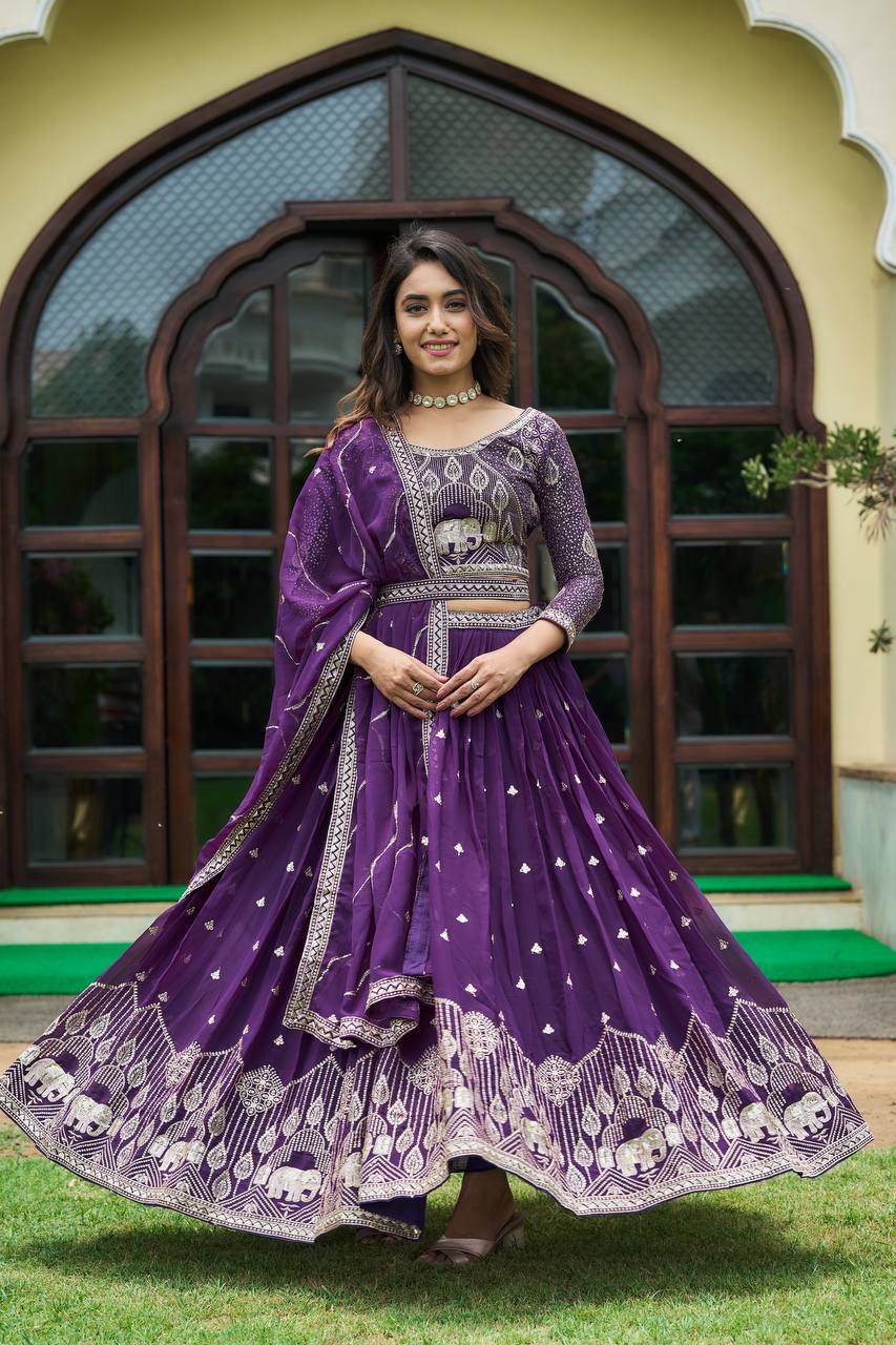 Faux Georgette Sequins Embroidered Lehenga Set