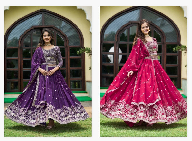 Faux Georgette Sequins Embroidered Lehenga Set