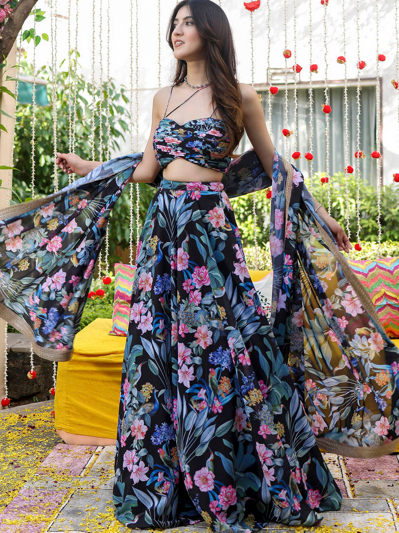 Faux Georgette Zari Lace Lehenga Set