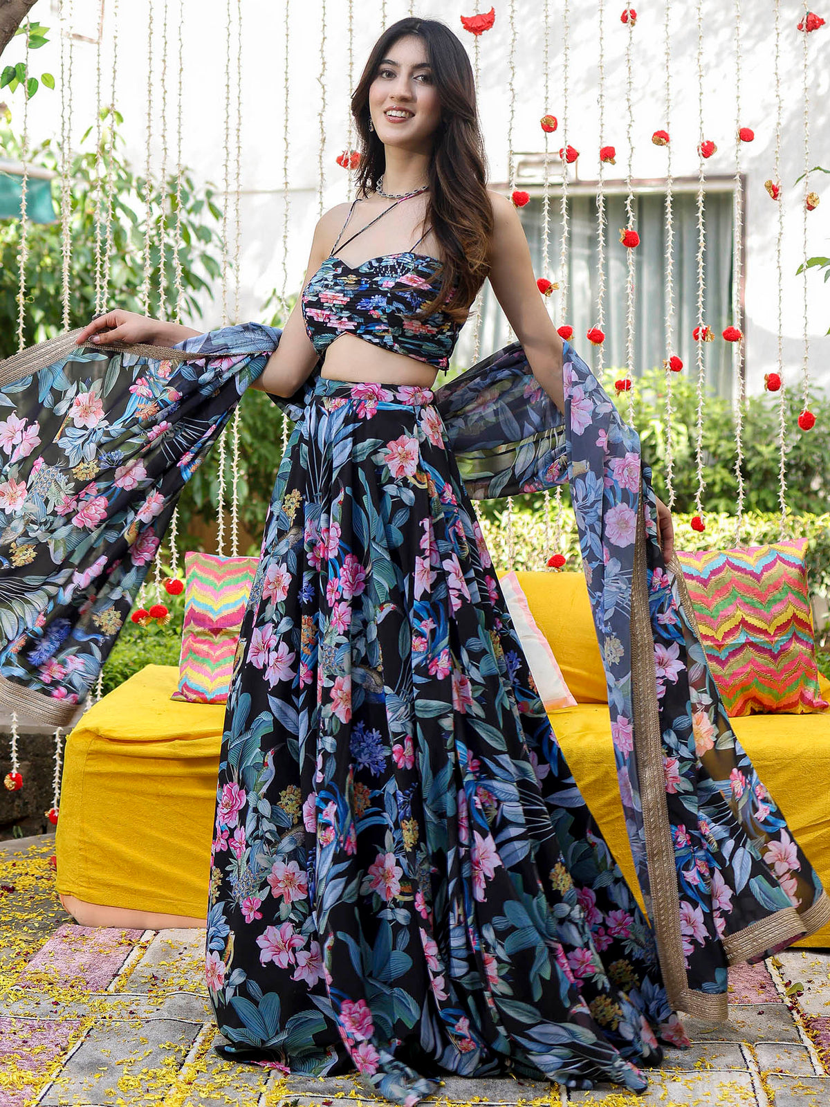 Faux Georgette Zari Lace Lehenga Set