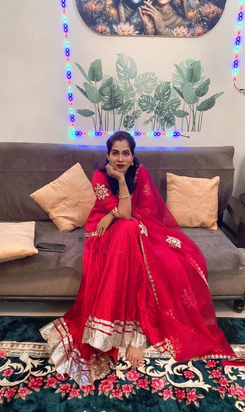 Red Solid Satin Angrakha Lehenga Set