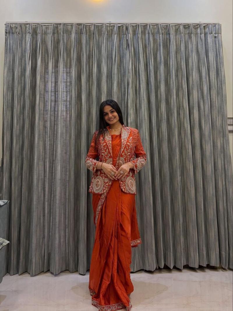 Orange Rangoli Embroidery Sequence Worked Designer Saree With Jacket