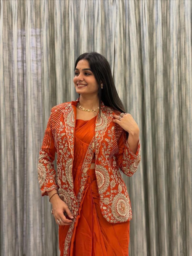 Orange Rangoli Embroidery Sequence Worked Designer Saree With Jacket