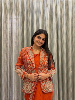 Orange Rangoli Embroidery Sequence Worked Designer Saree With Jacket