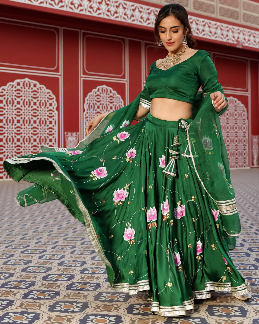 Green Hand-Painted Floral Satin Lehenga Set