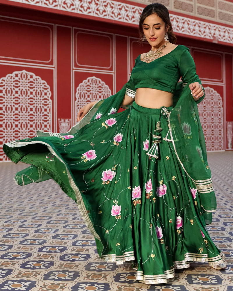 Green Hand-Painted Floral Satin Lehenga Set