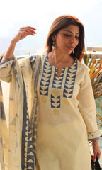 Linen Blend Butter Yellow Abstract Print Kurta , Dupatta & Cotton Pants
