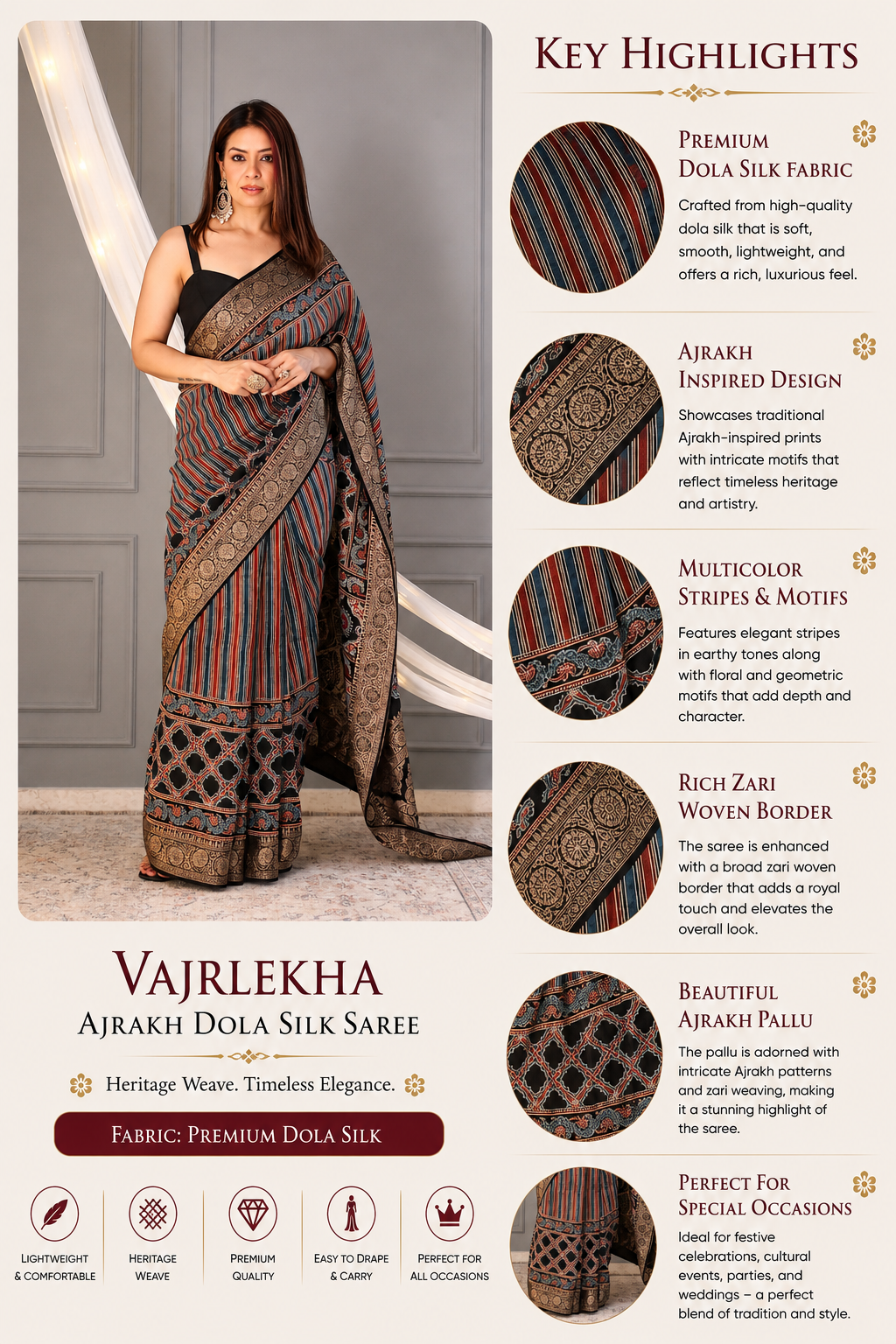Vajrlekha Ajrakh Dola Silk Saree