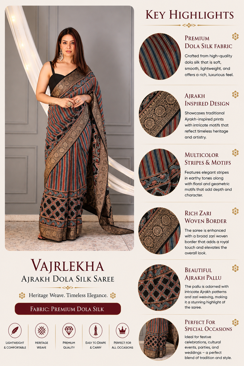 Vajrlekha Ajrakh Dola Silk Saree