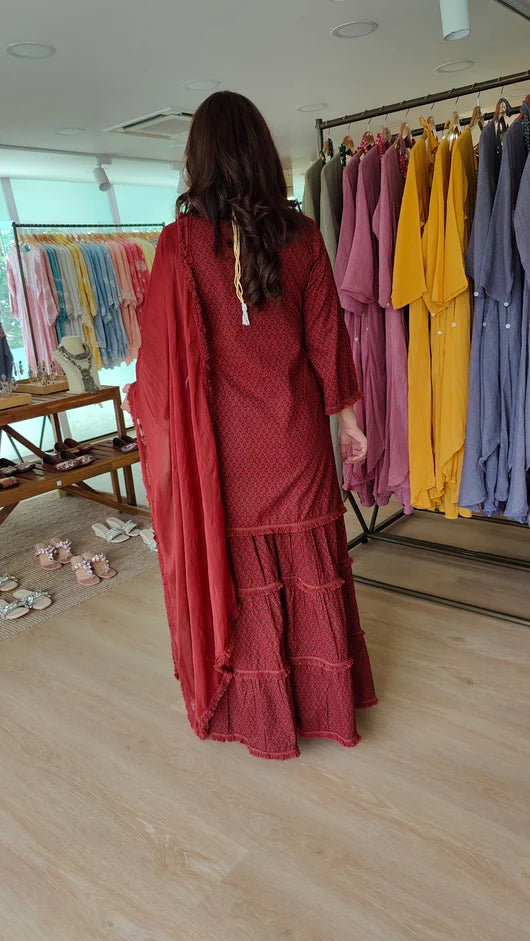 Ethnic Embroidered Maroon Long Yoke Sharara Set