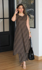 Cotton Black Wave Print High Neck High Low Sleeveless Coord