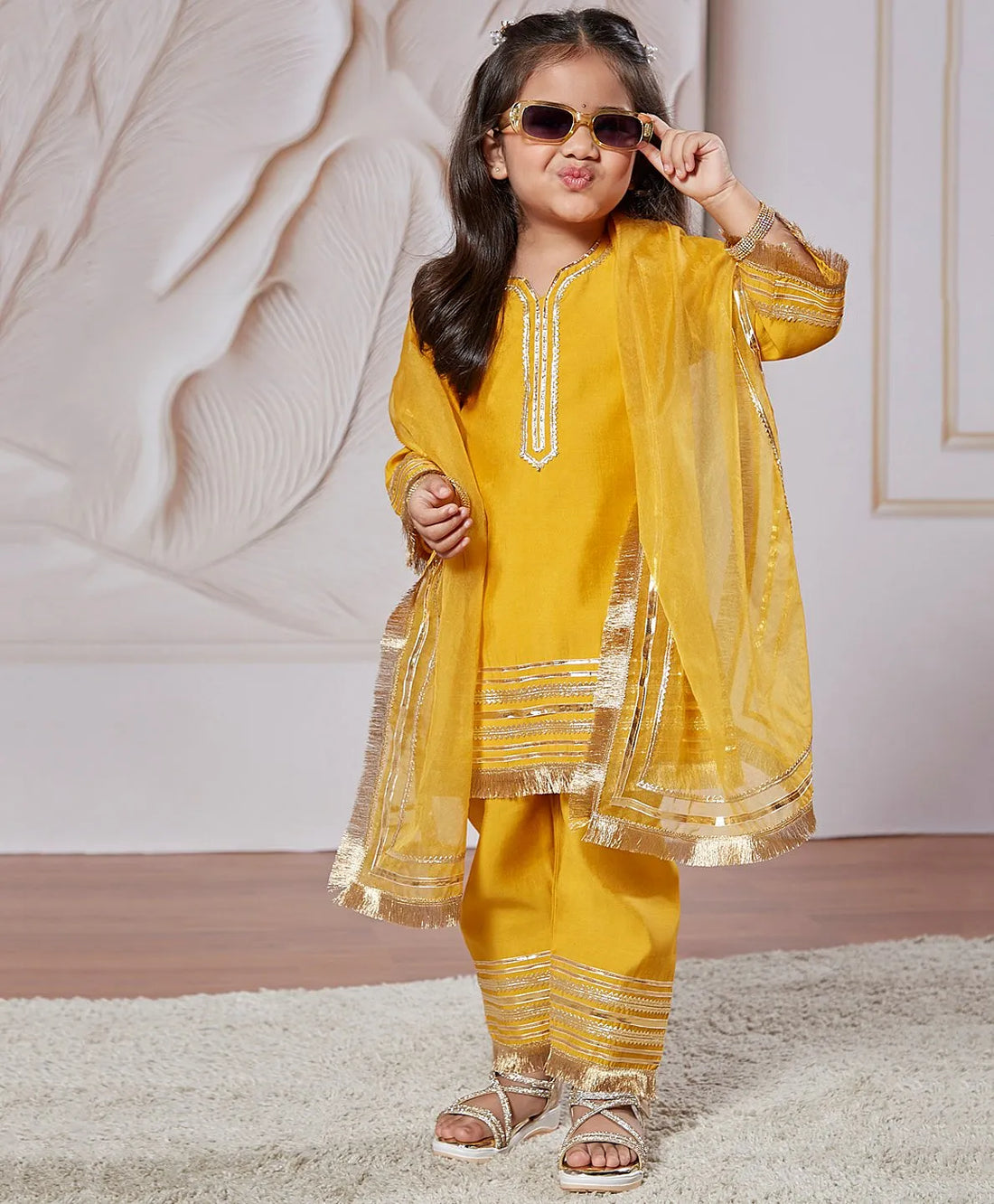 Yellow Silk Blend Lace Kurta Pant Set