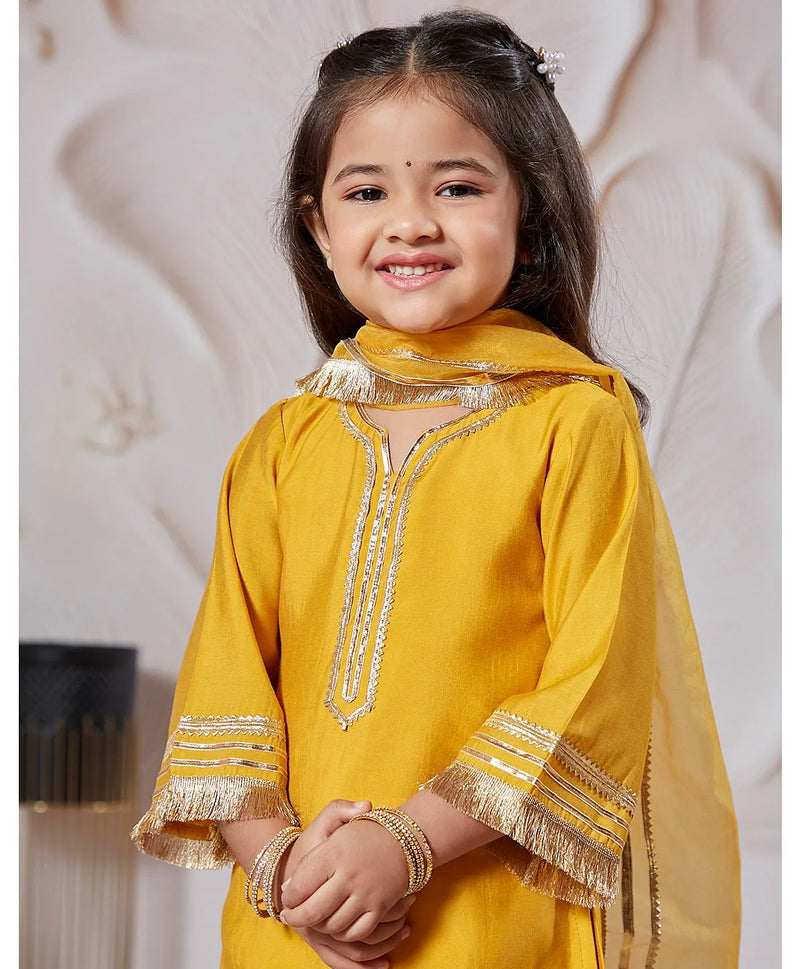 Yellow Silk Blend Lace Kurta Pant Set