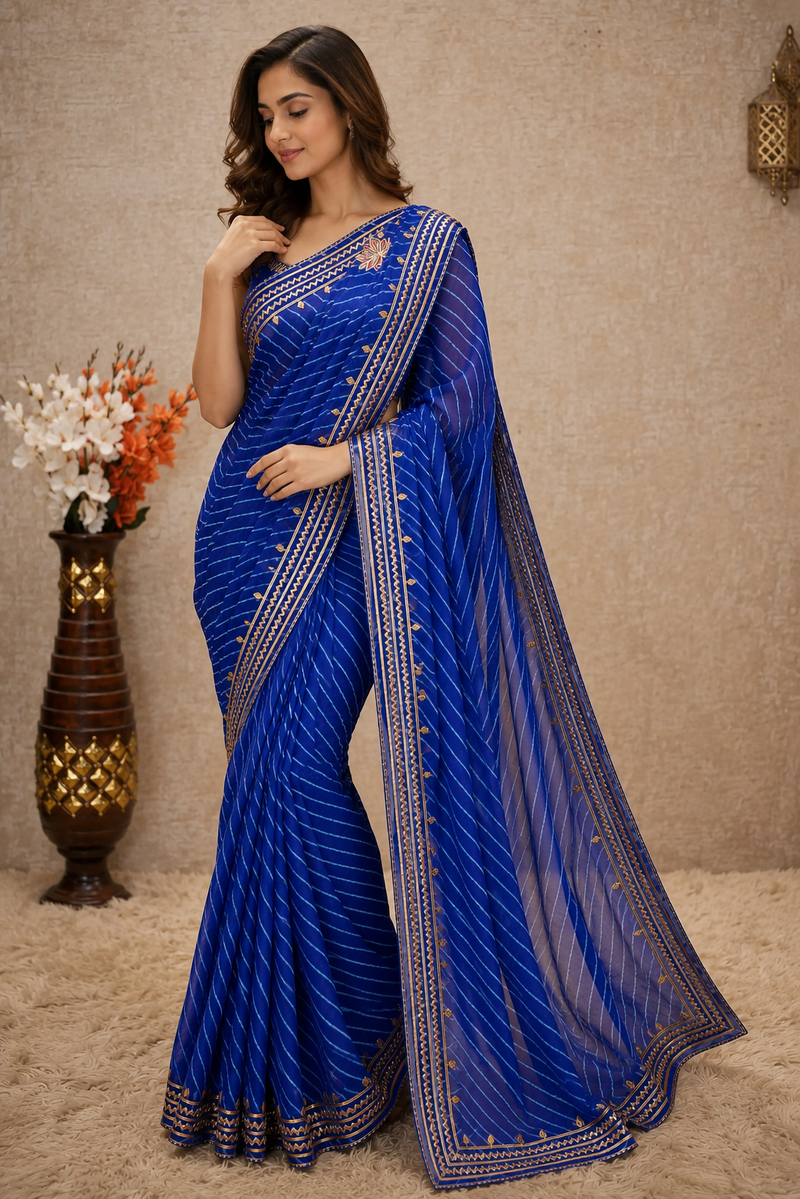 Rani Pink Leheriya Saree with Handcrafted Kacchi Gota Patti Work