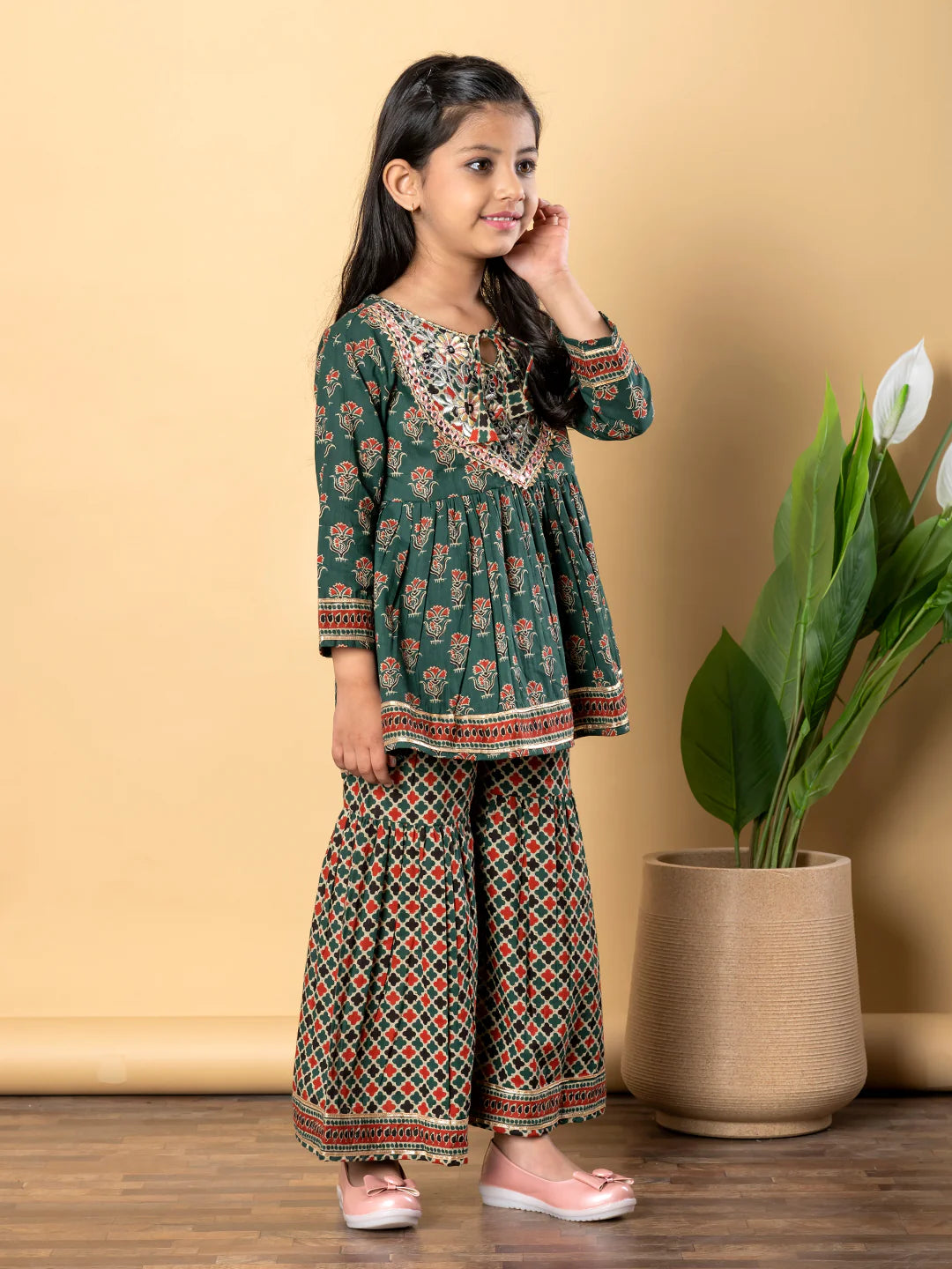 Pine Green Cotton Printed Kurta Sharara Set