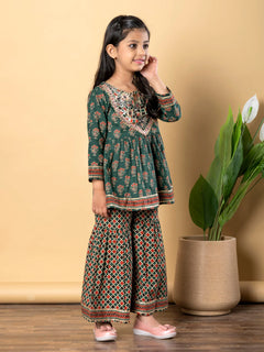Pine Green Cotton Printed Kurta Sharara Set