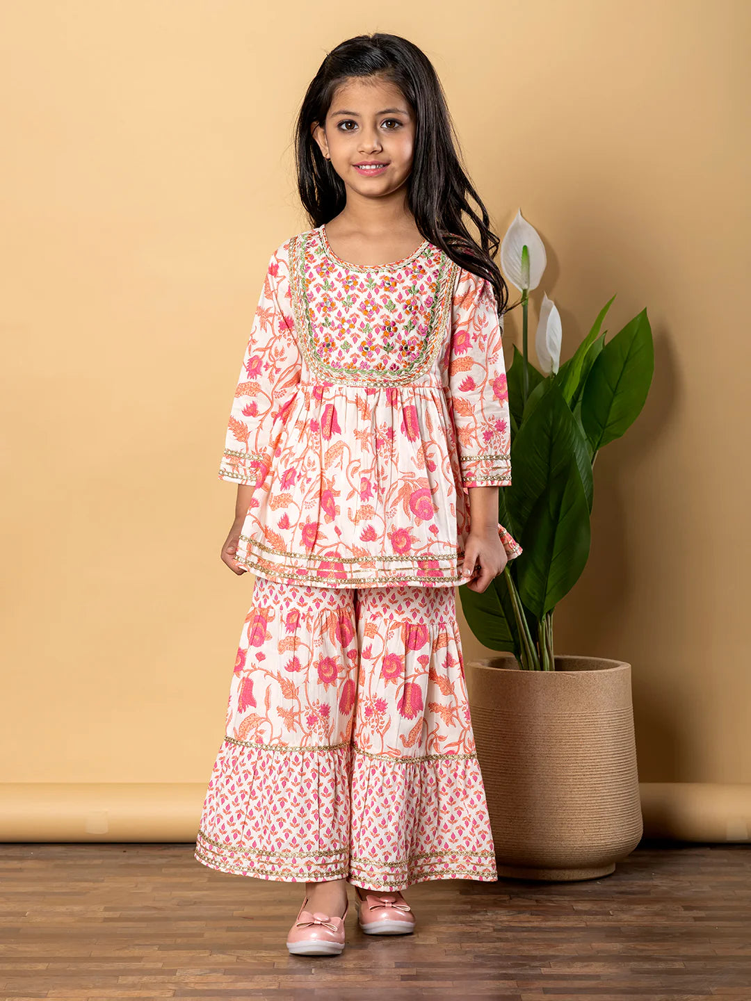 Apricot Cotton Printed Kurta Sharara Set