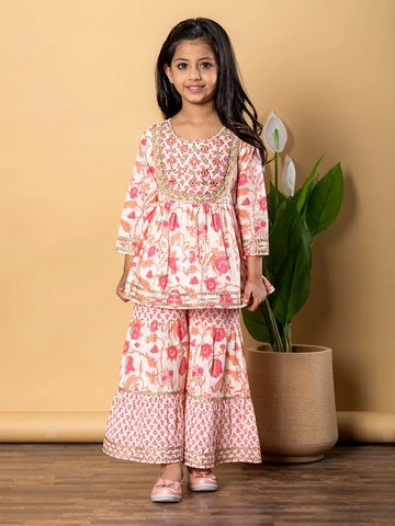 Apricot Cotton Printed Kurta Sharara Set
