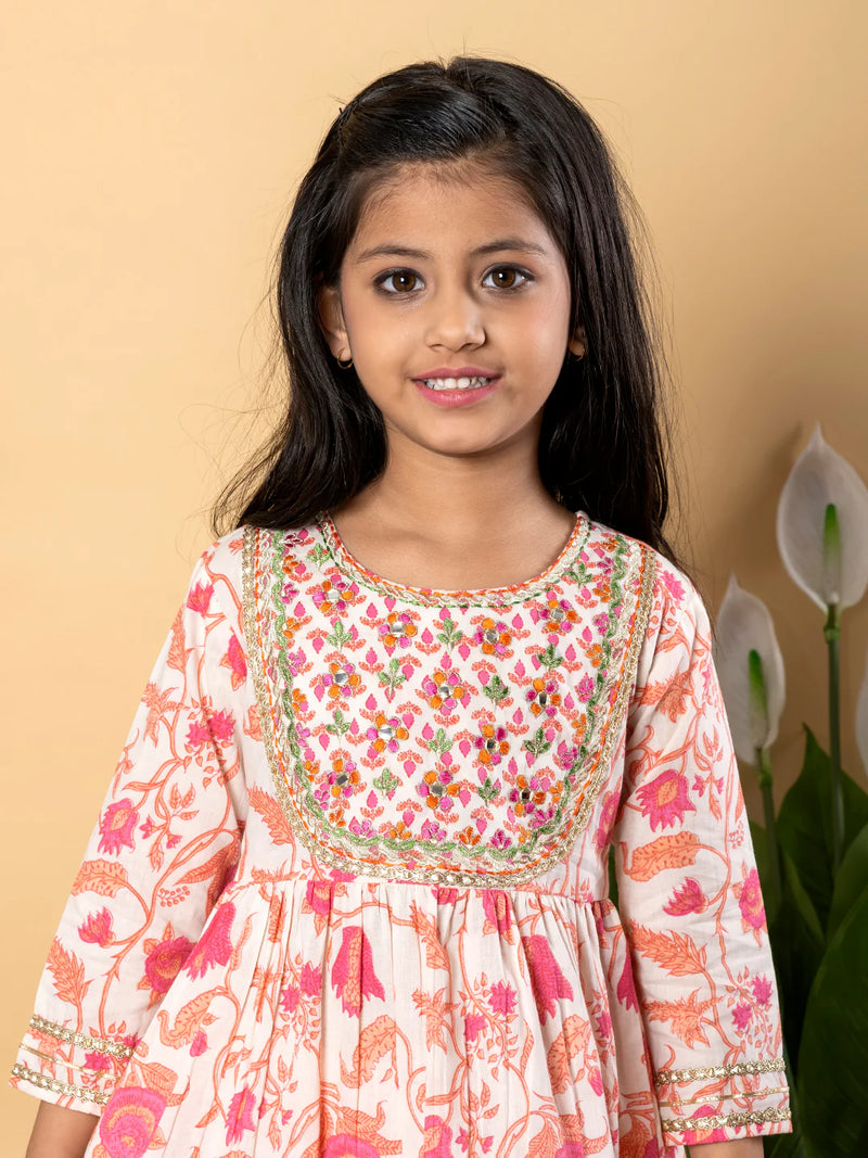 Apricot Cotton Printed Kurta Sharara Set
