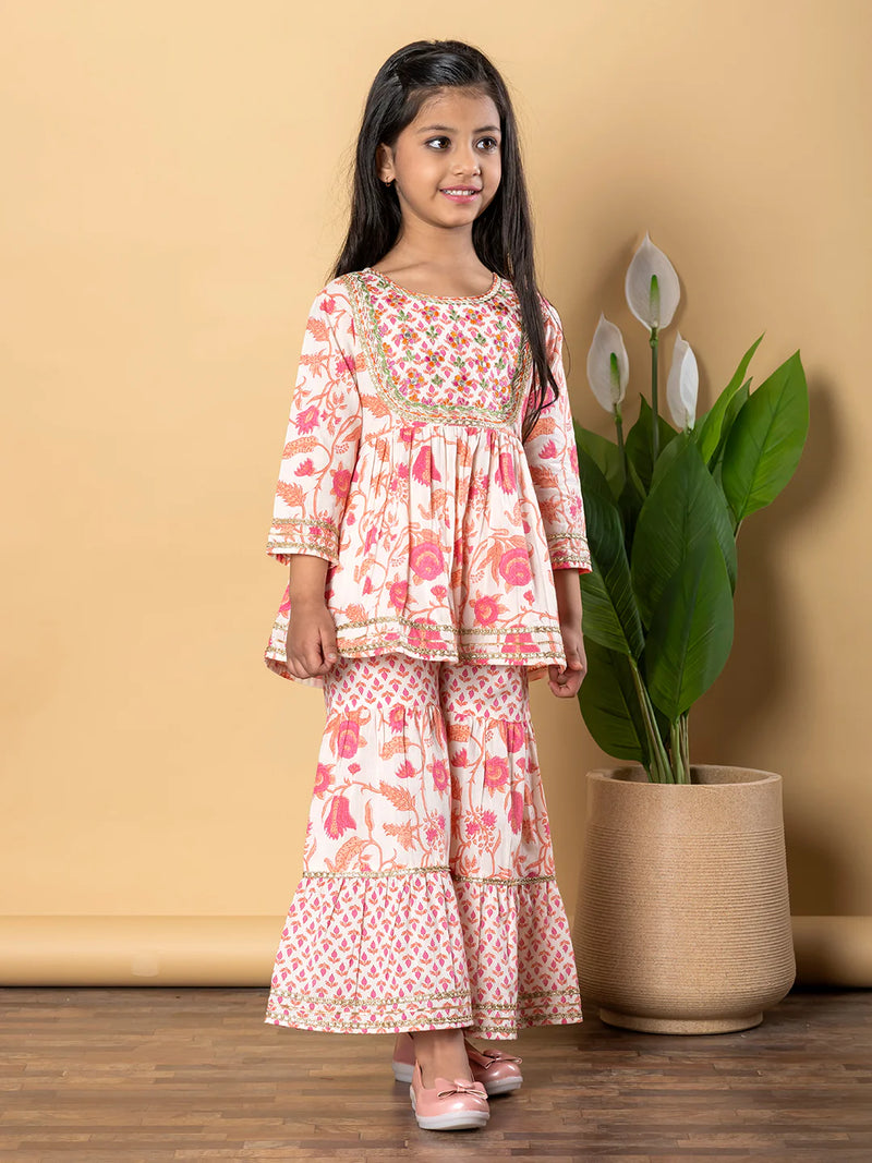 Apricot Cotton Printed Kurta Sharara Set