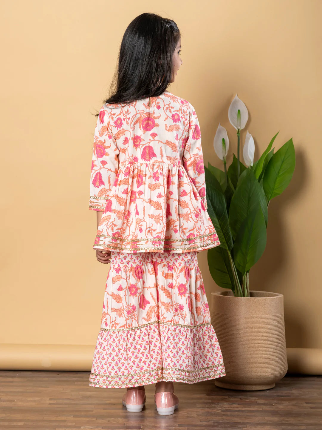 Apricot Cotton Printed Kurta Sharara Set
