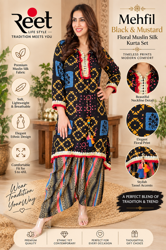 Mehfil Black & Mustard Floral Muslin Silk Kurta Set