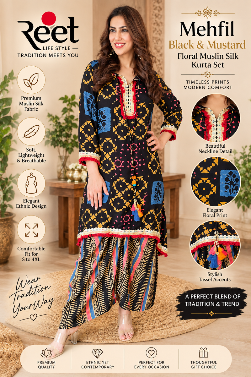Mehfil Black & Mustard Floral Muslin Silk Kurta Set