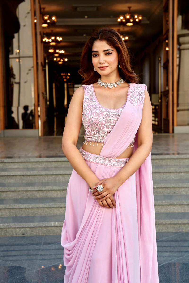 Sequin Handwork Viscose Pre-Draped Saree with Blouse