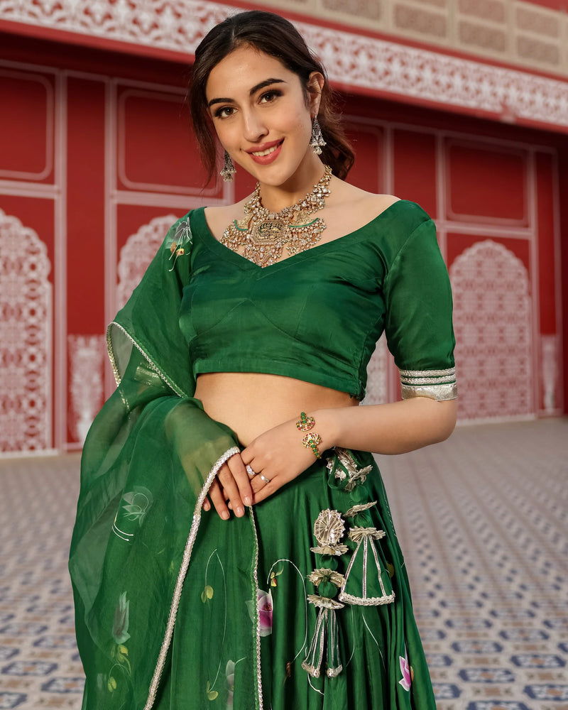 Green Hand-Painted Floral Satin Lehenga Set