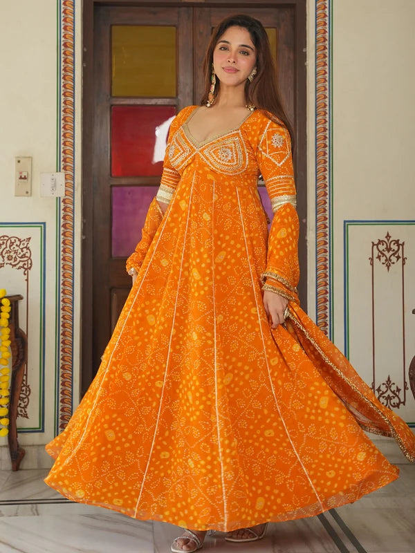 Kesari Aangi Bandhani Anarkali Set