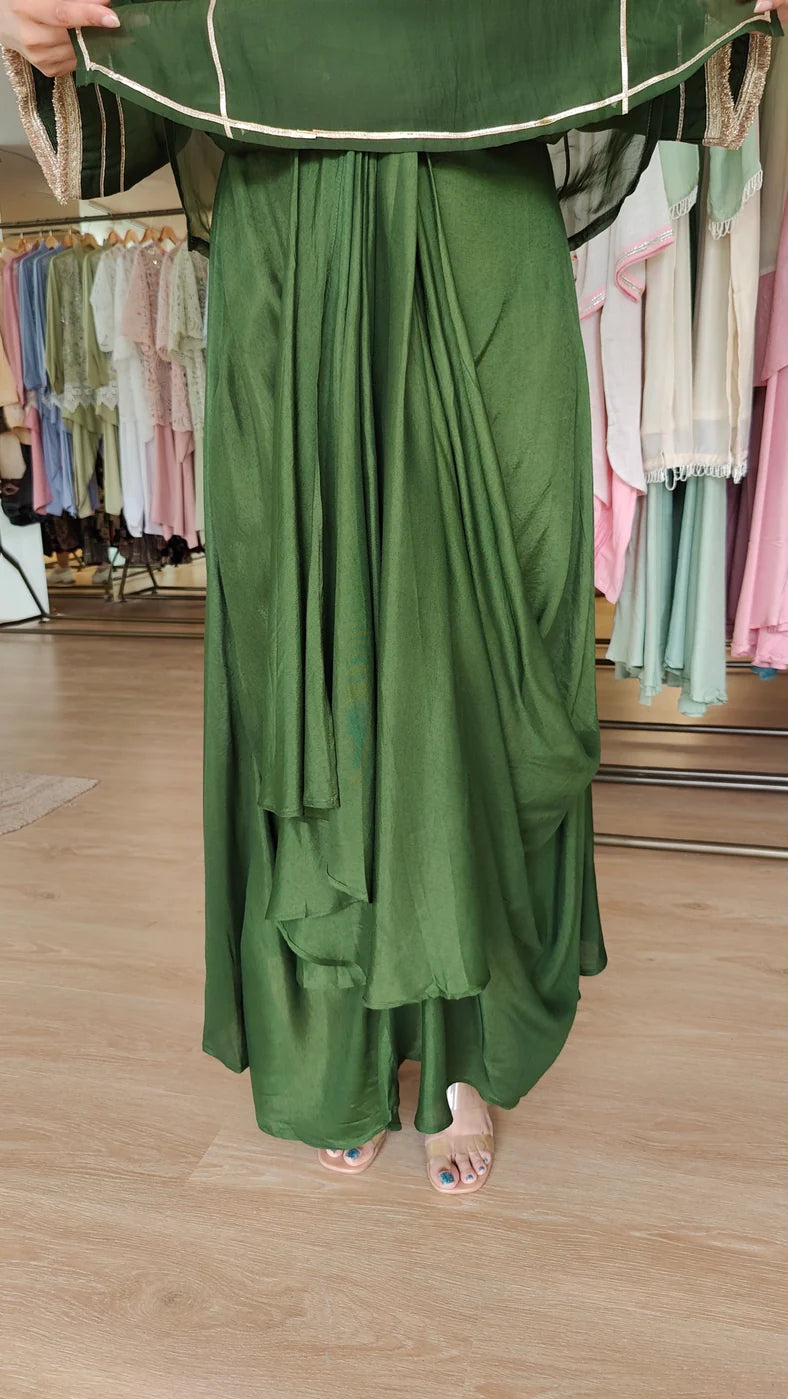 Olive Green Organza Drape Skirt Set