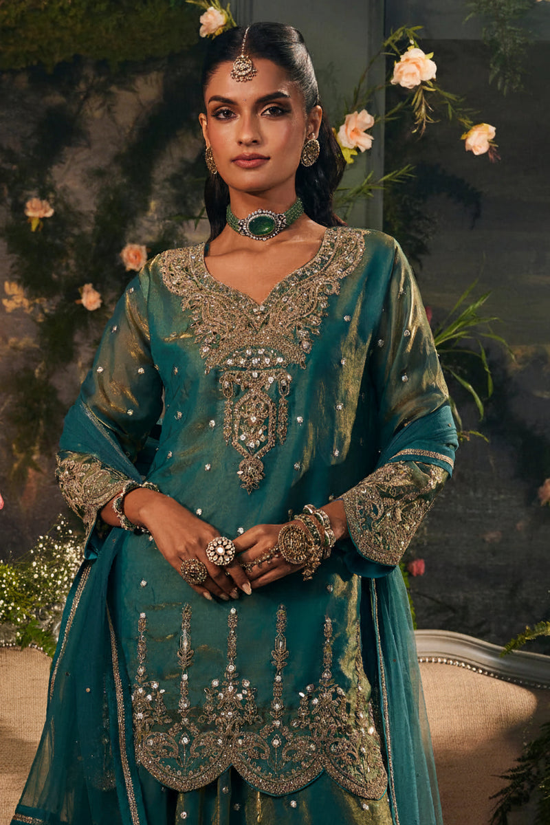Emerald Aura Teal Shimmer Skirt Set