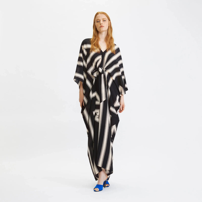 Black Geometric Belted Kaftan Dress