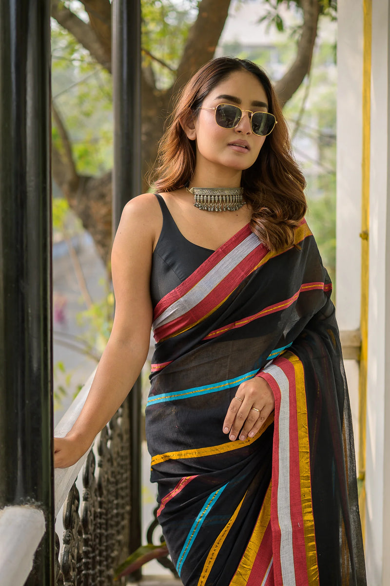 Black Heritage Stripe Mul Cotton Saree