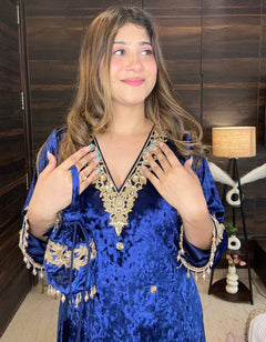 Royal Blue Velvet Indo-Western Kaftan Dress With Potli Bag