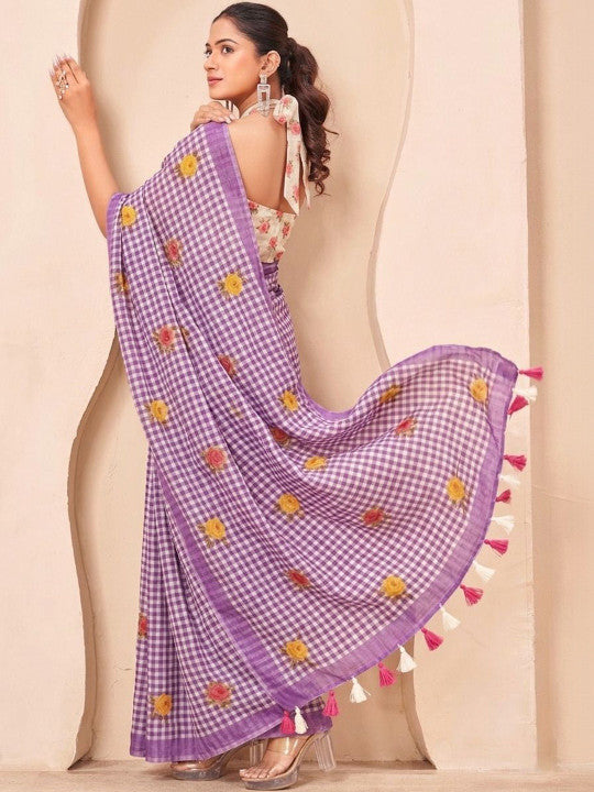 Silk  Floral Checked Woven Design Border Saree