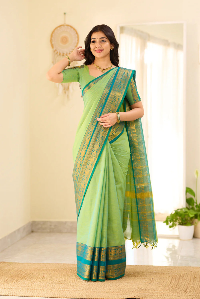 Mint Aura Chettinad Cotton Saree with Zari Border