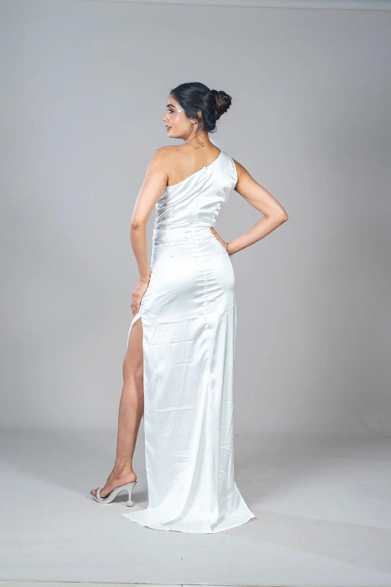 Ivory Muse One-Shoulder Ruched Maxi Dress