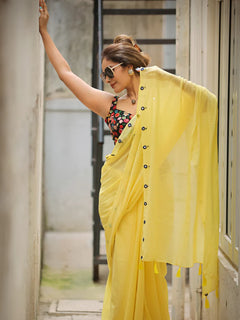 Lemon Glow Tassel Soft Mul Cotton Saree