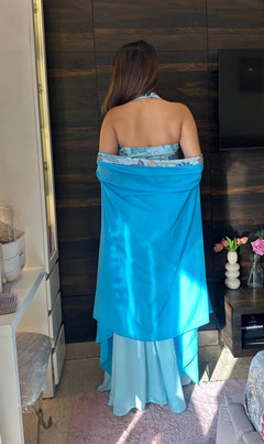 Pastel Blue Indo-Western Draped Skirt Set with Embroidered Halter Crop Top & Cape Dupatta