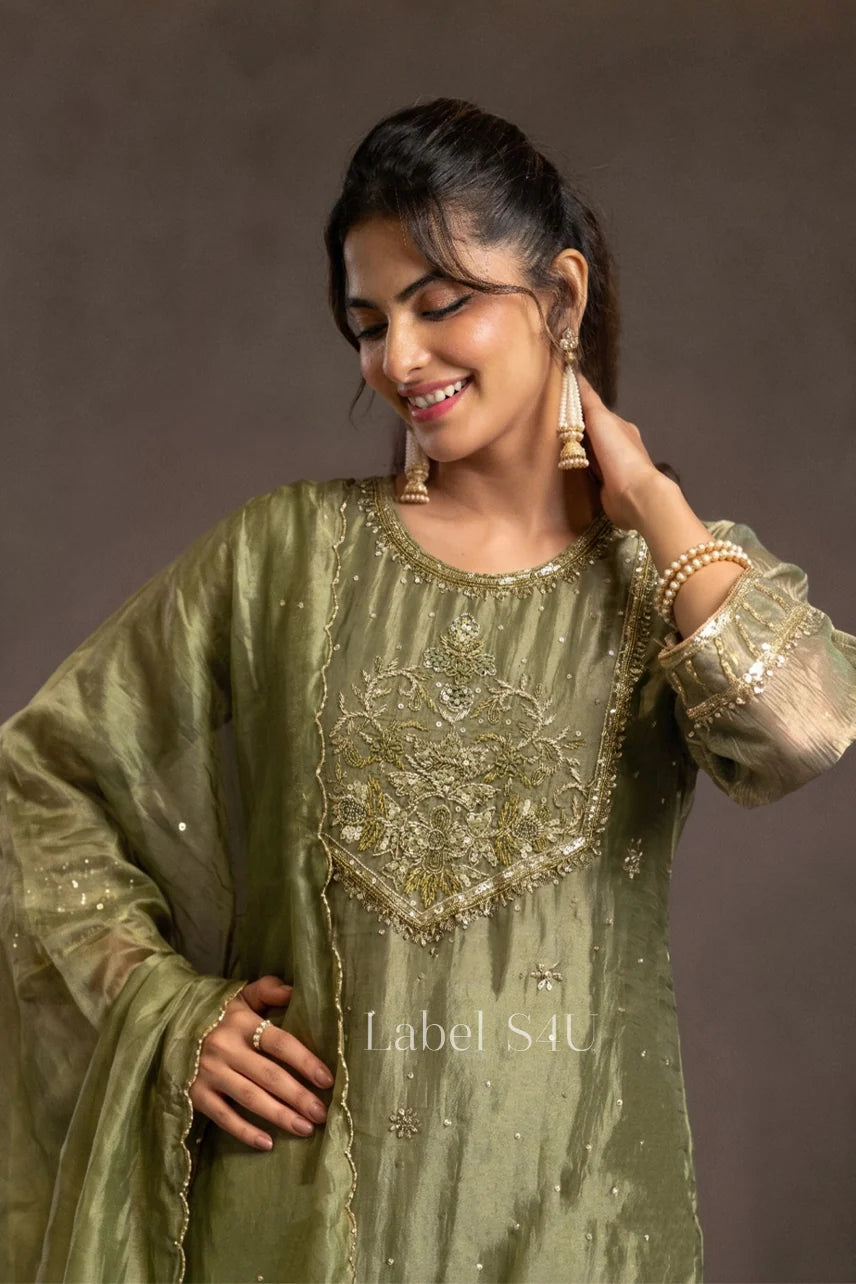 Sage Green Embellished A-Line Suit Set