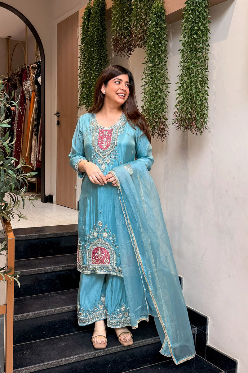Aarika Azure Embroidered Suit Set