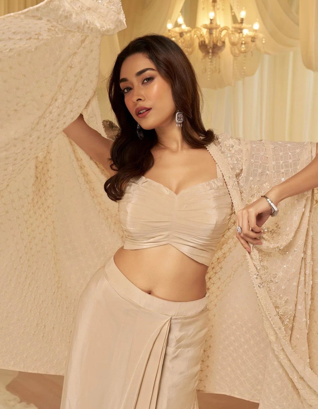 Ivory Embroidered Blouse, Palazzo & Jacket Set