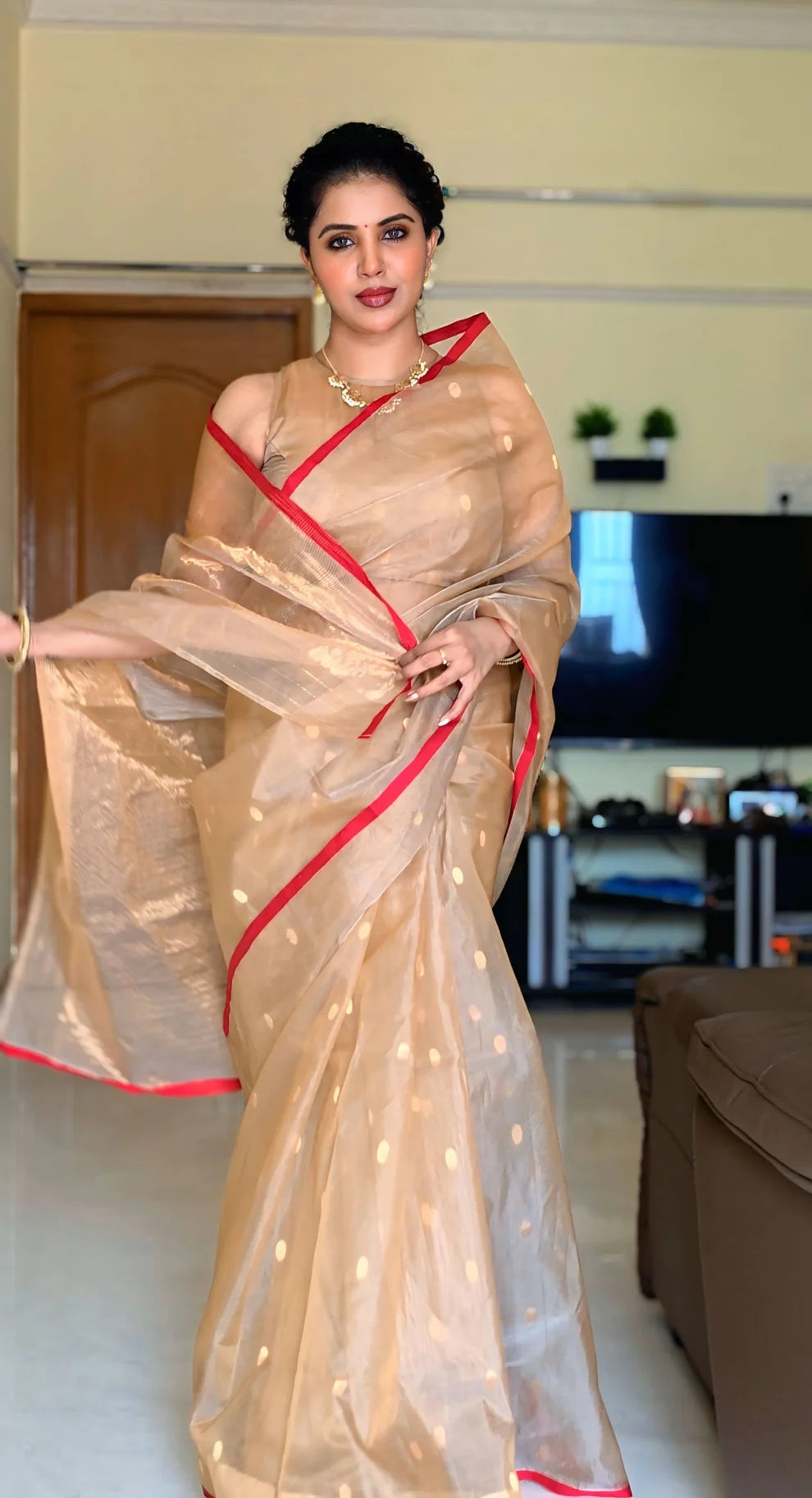 Royal Chanderi Silk Saree with Gold Zari Bootis