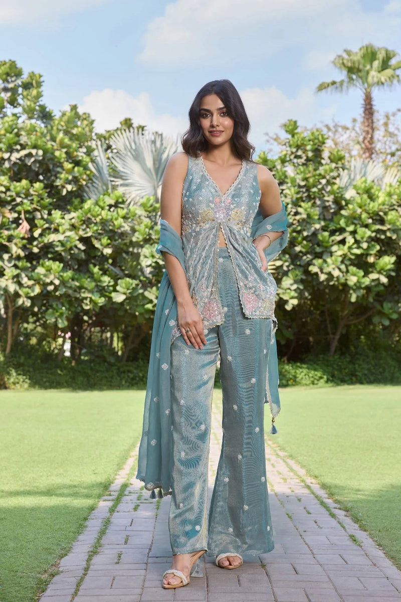 Powder Blue Front-Cut Western Kurta Set