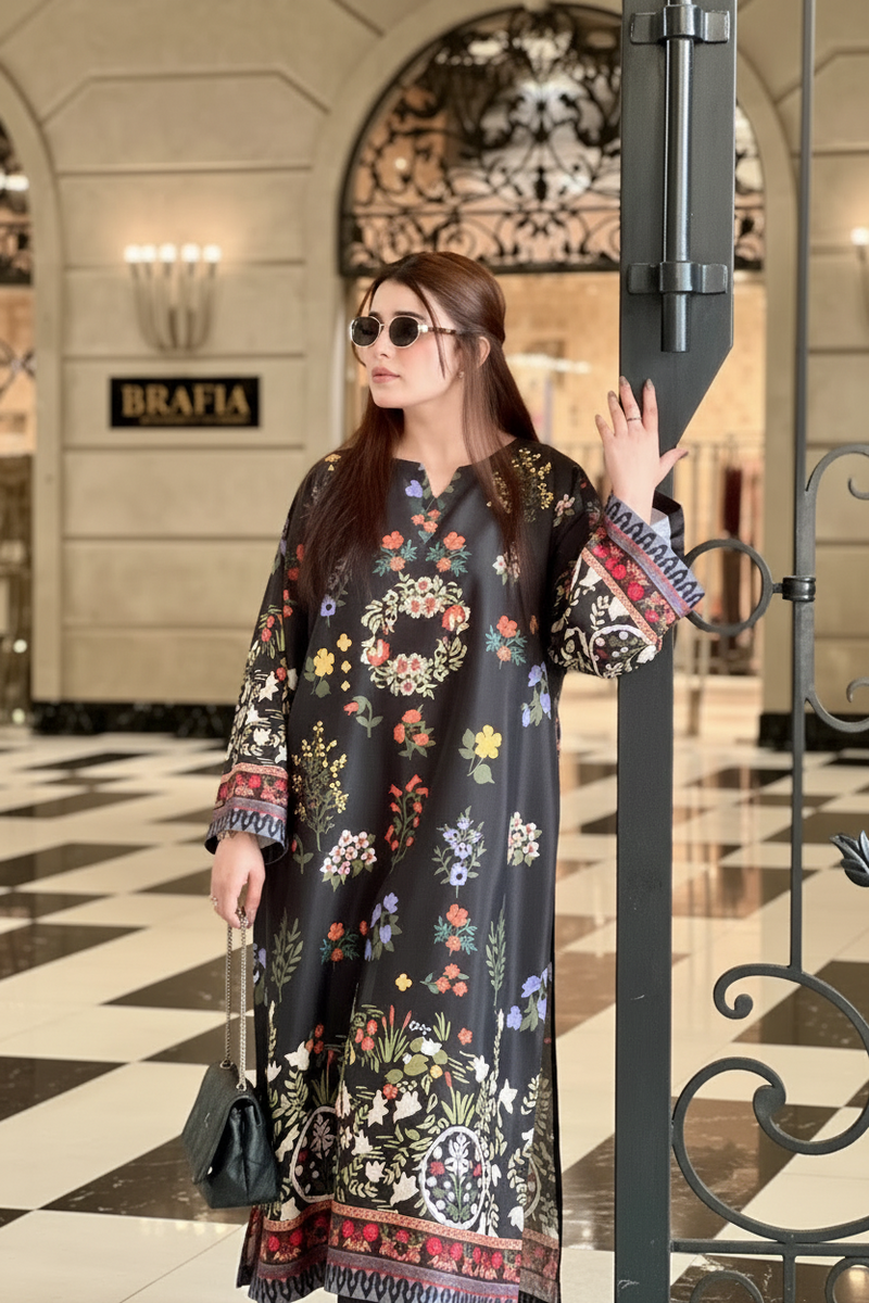 Black Botanical Print Luxe Kaftan Dress
